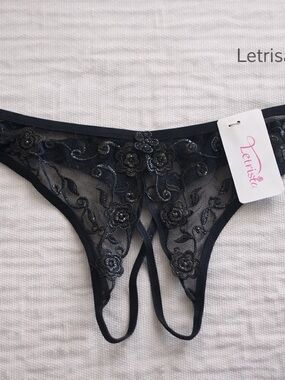 Letrisa Black Lace Strappy Thong Panty Sheer Floral New